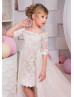 Ivory Lace Knee Length Flower Girl Dress With Detachable Train